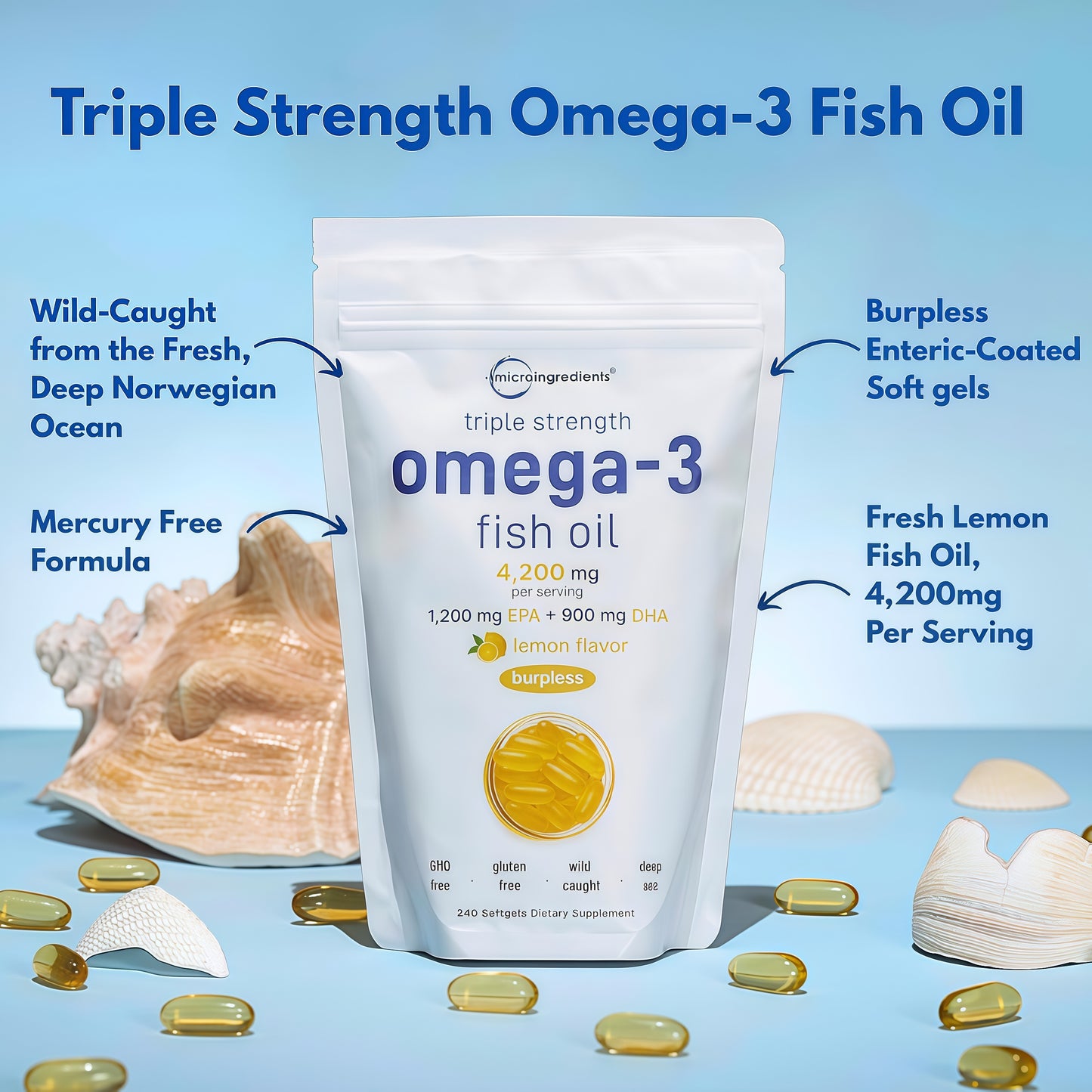 Micro Ingredients Triple Strength Omega 3 Fish Oil Supplements 4200mg Per Serving, 240 Softgels – Lemon Flavored – Burpless | EPA 1200mg + DHA 900mg | Deep Sea Fishngth Omega 3 Fish Oil Supplements 4200mg Per Serving