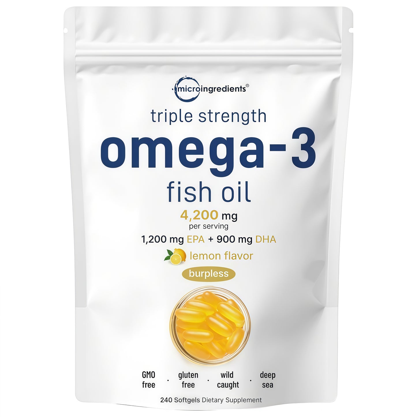 Micro Ingredients Triple Strength Omega 3 Fish Oil Supplements 4200mg Per Serving, 240 Softgels – Lemon Flavored – Burpless | EPA 1200mg + DHA 900mg | Deep Sea Fishngth Omega 3 Fish Oil Supplements 4200mg Per Serving