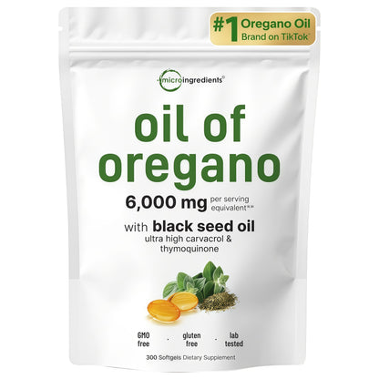 Micro Ingredients Oil of Oregano Softgels, 300 Count | 2 in 1 Formulated with Black Seed Oil, 4X Strength Carvacrol & Thymoquinone | Plant Based, Non-GMO, & Immune Support