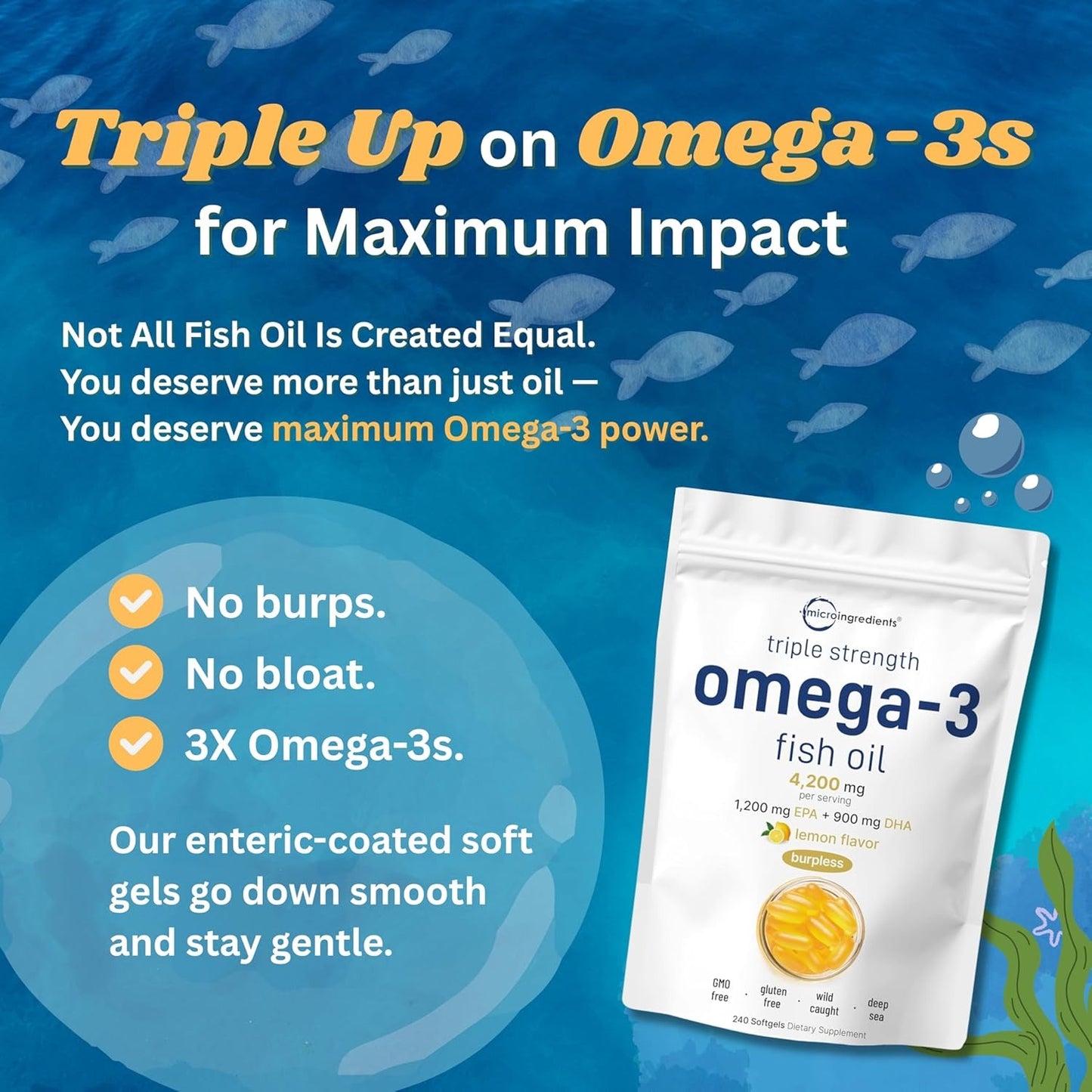 Micro Ingredients Triple Strength Omega 3 Fish Oil Supplements 4200mg Per Serving, 240 Softgels – Lemon Flavored – Burpless | EPA 1200mg + DHA 900mg | Deep Sea Fishngth Omega 3 Fish Oil Supplements 4200mg Per Serving