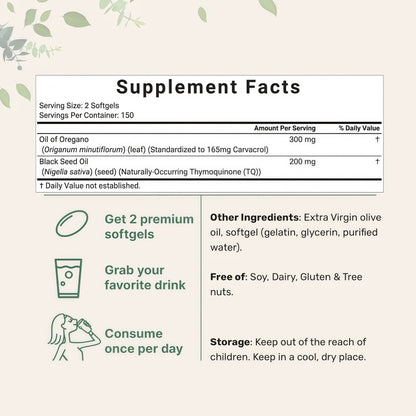 Micro Ingredients Oil of Oregano Softgels, 300 Count | 2 in 1 Formulated with Black Seed Oil, 4X Strength Carvacrol & Thymoquinone | Plant Based, Non-GMO, & Immune Support